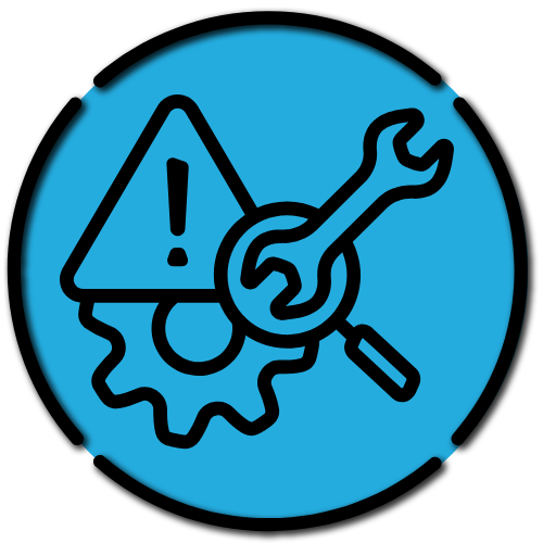 Plumbing maintenance icon featuring a wrench and gear with an exclamation mark, representing emergency plumbing services and repairs.