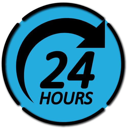 24 hours emergency plumbing service icon with circular arrow and bold text on a blue background.